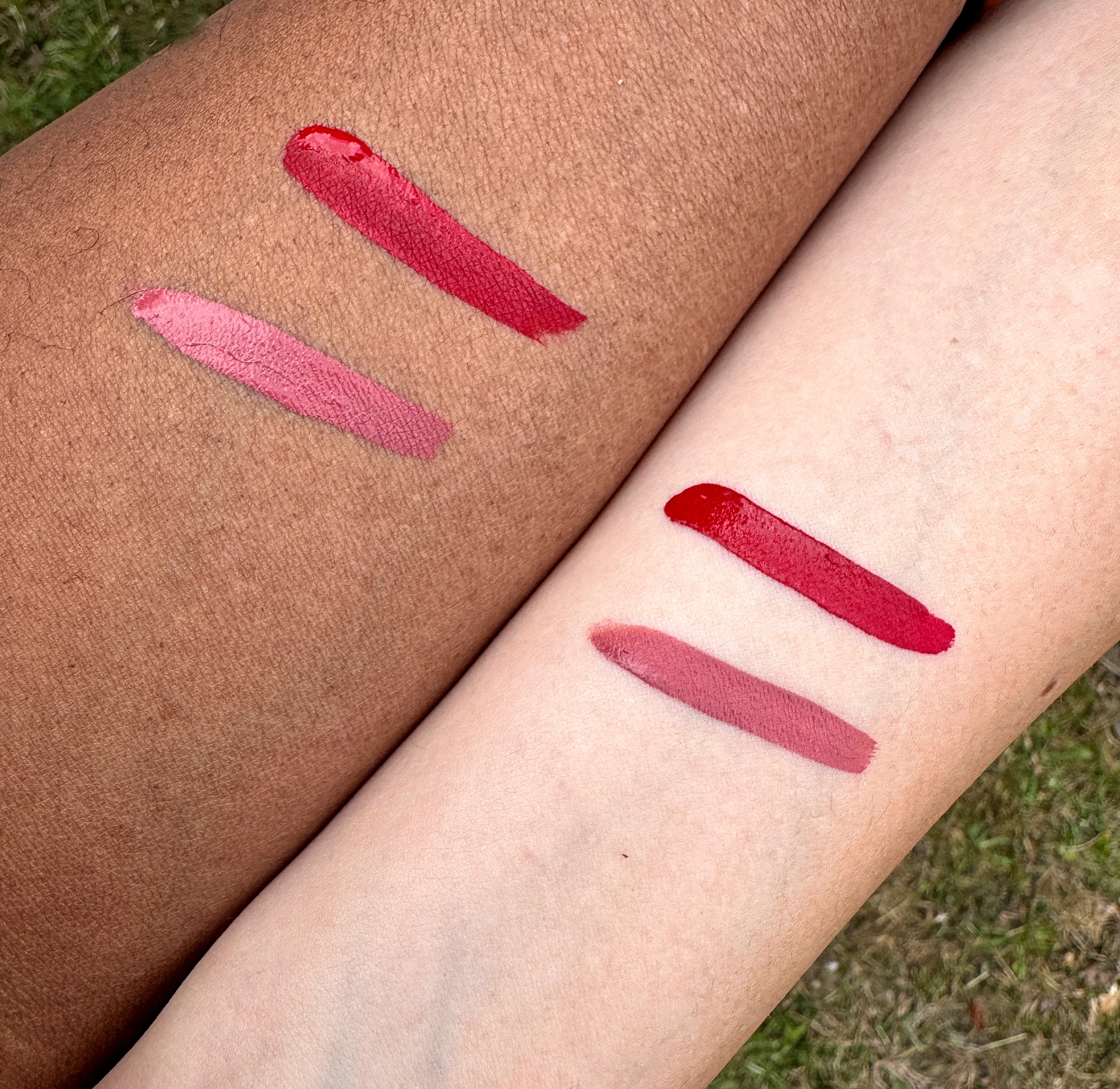 amplified beauty liquid lipstick swatch on two skin tones